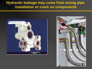 Hydraulic leakage may come from wrong pipe
installation or crack on components
 