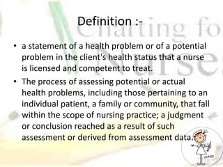 Definition :-
• a statement of a health problem or of a potential
problem in the client's health status that a nurse
is licensed and competent to treat.
• The process of assessing potential or actual
health problems, including those pertaining to an
individual patient, a family or community, that fall
within the scope of nursing practice; a judgment
or conclusion reached as a result of such
assessment or derived from assessment data.
 