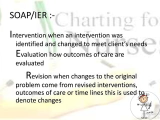 SOAP/IER :-
Intervention when an intervention was
identified and changed to meet client’s needs
Evaluation how outcomes of care are
evaluated
Revision when changes to the original
problem come from revised interventions,
outcomes of care or time lines this is used to
denote changes
 