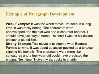 Example of Paragraph Development
Weak Example: It was the worst movie I've seen in a long
time. It was really boring. The characters were
undeveloped and the plot was one cliche after another. I
should have just stayed home. I'm sorry I wasted six dollars
on such a stupid film.
Strong Example This movie is to cinema what Boone's
Farm is to wine. It was about as action-packed as a tortoise
clipping his toenails. The characters were more like
caricatures and a four-year-old could have predicted the
ending. Next time I'll give my six bucks to charity.

 
