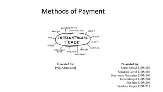 Methods of Payment
Presented by:
Shruti Mittal 13DM180
Sonakshi Govil 13DM186
Sreevatsan Natarajan 13DM190
Tarun Mangal 13DM204
Udit Jain 13DM206
Vanshika Gupta 13DM212
Presented To:
Prof. Abha Rishi
 