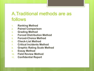 A.Traditional methods are as
follows
1. Ranking Method
2. Paired Comparison
3. Grading Method
4. Forced Distribution Metho...