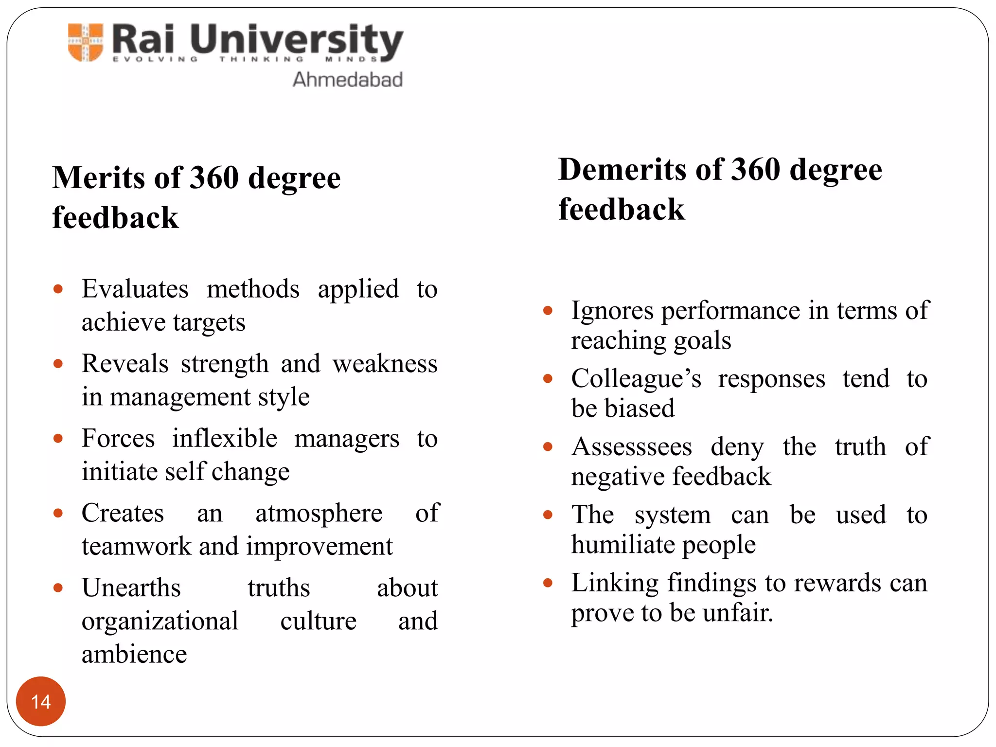 Merits of 360 degree
feedback
Demerits of 360 degree
feedback
 Evaluates methods applied to
achieve targets
 Reveals strength and weakness
in management style
 Forces inflexible managers to
initiate self change
 Creates an atmosphere of
teamwork and improvement
 Unearths truths about
organizational culture and
ambience
 Ignores performance in terms of
reaching goals
 Colleague’s responses tend to
be biased
 Assesssees deny the truth of
negative feedback
 The system can be used to
humiliate people
 Linking findings to rewards can
prove to be unfair.
14
 