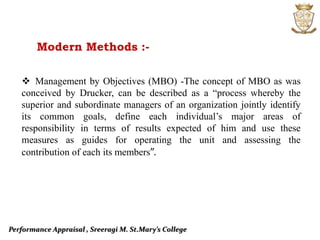Performance Appraisal , Sreeragi M. St.Mary’s College
 Management by Objectives (MBO) -The concept of MBO as was
conceived by Drucker, can be described as a “process whereby the
superior and subordinate managers of an organization jointly identify
its common goals, define each individual’s major areas of
responsibility in terms of results expected of him and use these
measures as guides for operating the unit and assessing the
contribution of each its members”.
Modern Methods :-
 