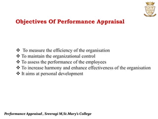 Performance Appraisal , Sreeragi M,St.Mary’s College
Objectives Of Performance Appraisal
 To measure the efficiency of the organisation
 To maintain the organizational control
 To assess the performance of the employees
 To increase harmony and enhance effectiveness of the organisation
 It aims at personal development
 