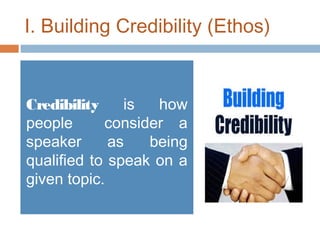 I. Building Credibility (Ethos)

Credibility
is
how
people
consider a
speaker
as
being
qualified to speak on a
given topic.

 