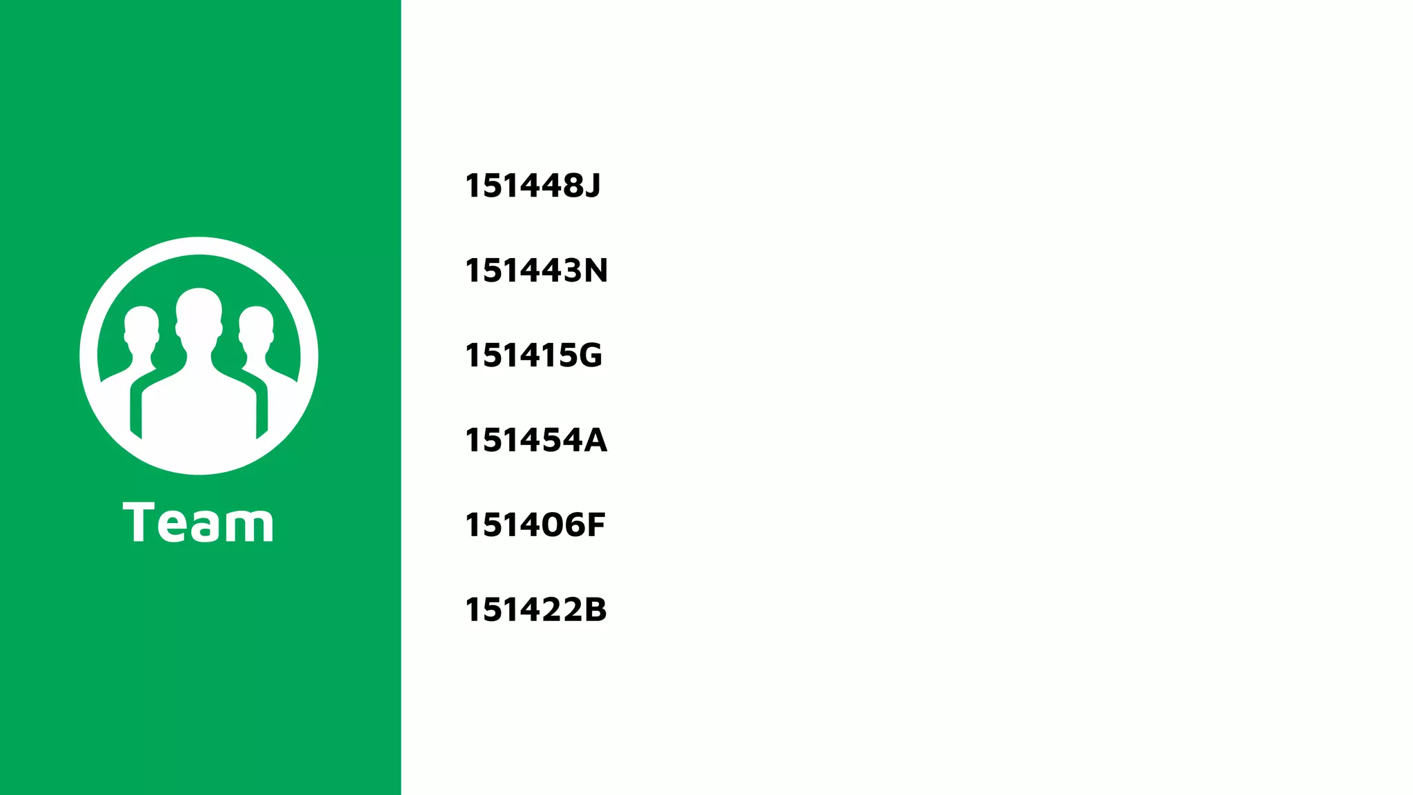 Team
151448J
151443N
151415G
151454A
151406F
151422B
 