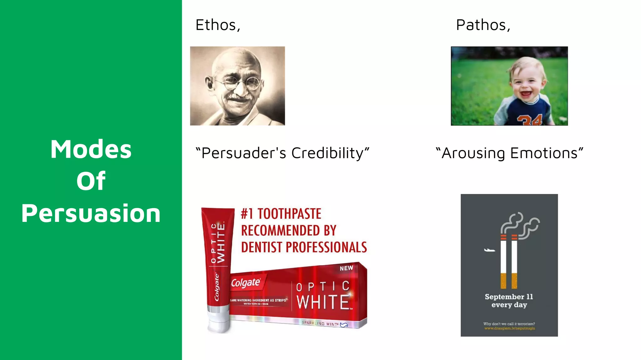 Ethos, Pathos,
“Persuader's Credibility” “Arousing Emotions”Modes
Of
Persuasion
 
