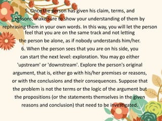 5. Once the person has given his claim, terms, and
reasons, make sure to show your understanding of them by
rephrasing the...