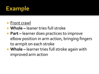 ExampleFront crawlWhole – leaner tries full strokePart – learner does practices to improve elbow position in arm action, bringing fingers to armpit on each strokeWhole – learner tries full stroke again with improved arm action