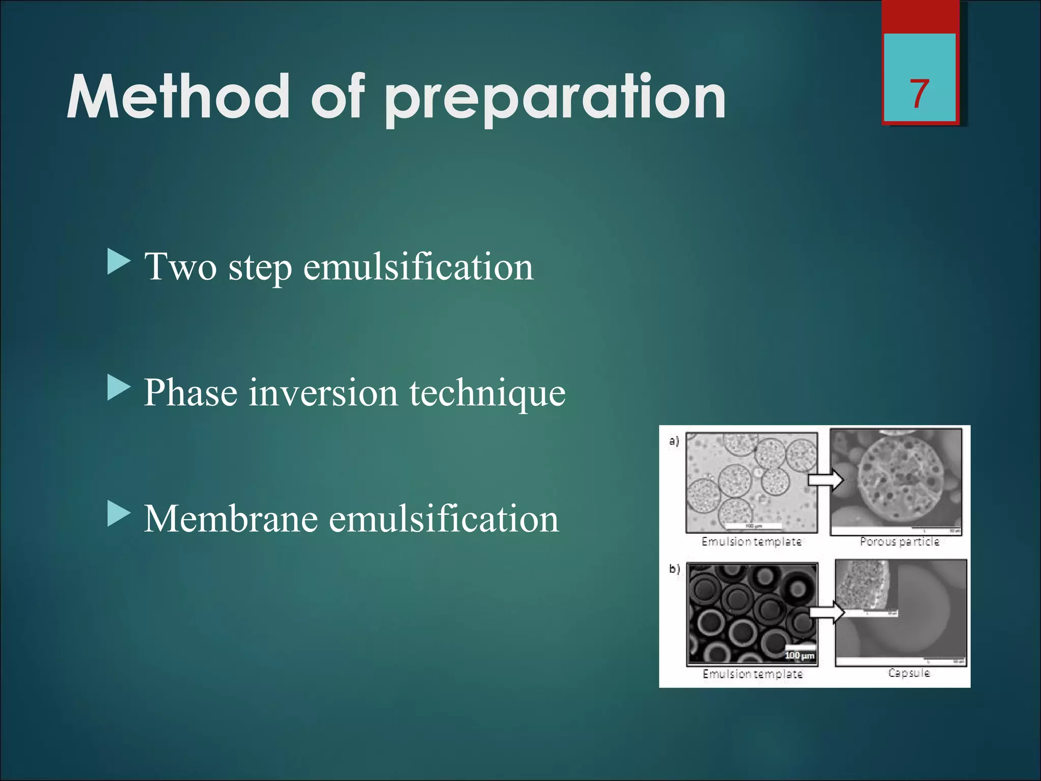Method of preparation
 Two step emulsification
 Phase inversion technique
 Membrane emulsification
7
 