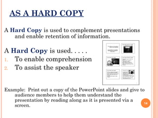 AS A HARD COPY
A Hard Copy is used to complement presentations
and enable retention of information.

A Hard Copy is used. . . . .
1. To enable comprehension
2. To assist the speaker
Example: Print out a copy of the PowerPoint slides and give to
audience members to help them understand the
presentation by reading along as it is presented via a
14
screen.

 