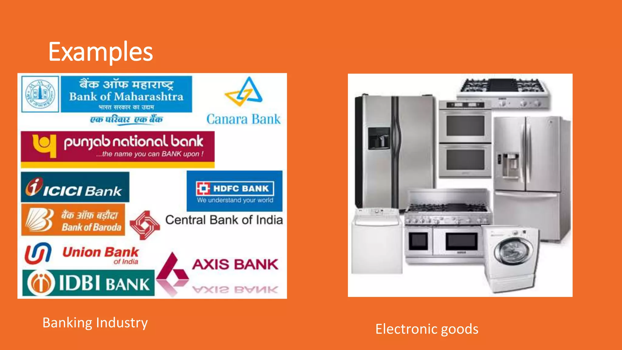 Examples
Banking Industry Electronic goods
 
