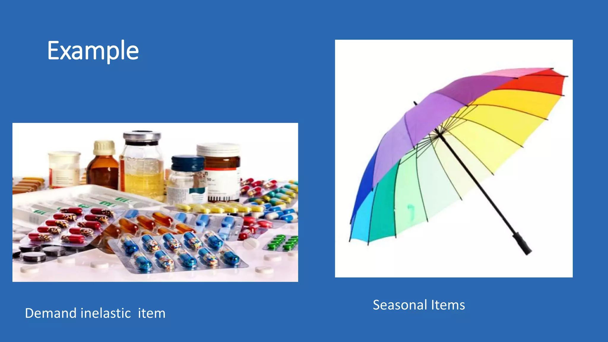 Example
Demand inelastic item
Seasonal Items
 