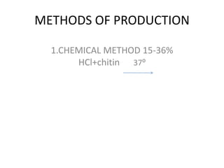METHODS OF PRODUCTION

  1.CHEMICAL METHOD 15-36%
       HCl+chitin 37⁰
 