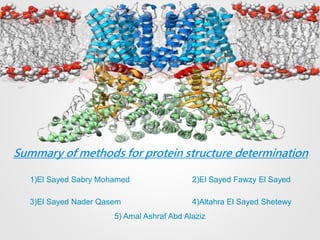 Summary of methods for protein structure determination
1)El Sayed Sabry Mohamed 2)El Sayed Fawzy El Sayed
3)El Sayed Nader Qasem 4)Altahra El Sayed Shetewy
5) Amal Ashraf Abd Alaziz
 