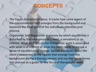 CONCEPTS
• The Figure-formation Process. It tracks how some aspect of
the environmental field emerges from the background and
becomes the focal point of the individuals attention and
interest.
• Organismic Self-Regulation. A process by which equilibrium is
disturbed by the emergence of a need, a sensation, or an
interest. What emerges on the therapeutic work is associated
with what is of interest or what the client needs to pursue a
sense of equilibrium or change. Gestalt therapists direct the
client’s awareness to the figures that emerge from the
background during a therapy session and use the figure-forma
tion process as a guide for the focus of therapeutic work.
 