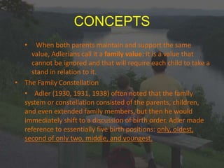 CONCEPTS
• When both parents maintain and support the same
value, Adlerians call it a family value: It is a value that
cannot be ignored and that will require each child to take a
stand in relation to it.
• The Family Constellation
• Adler (1930, 1931, 1938) often noted that the family
system or constellation consisted of the parents, children,
and even extended family members, but then he would
immediately shift to a discussion of birth order. Adler made
reference to essentially five birth positions: only, oldest,
second of only two, middle, and youngest.
 