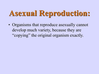 Asexual Reproduction:
• Organisms that reproduce asexually cannot
develop much variety, because they are
“copying” the original organism exactly.
 