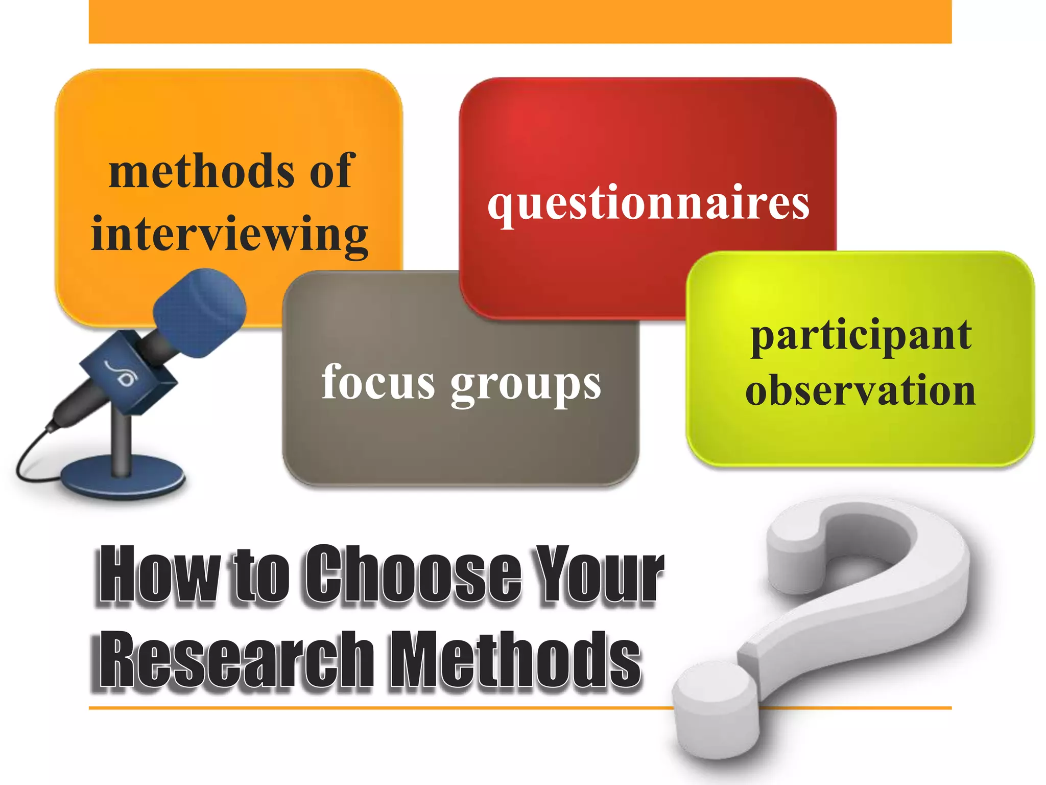 methods of
                questionnaires
interviewing
                           participant
         focus groups      observation
 