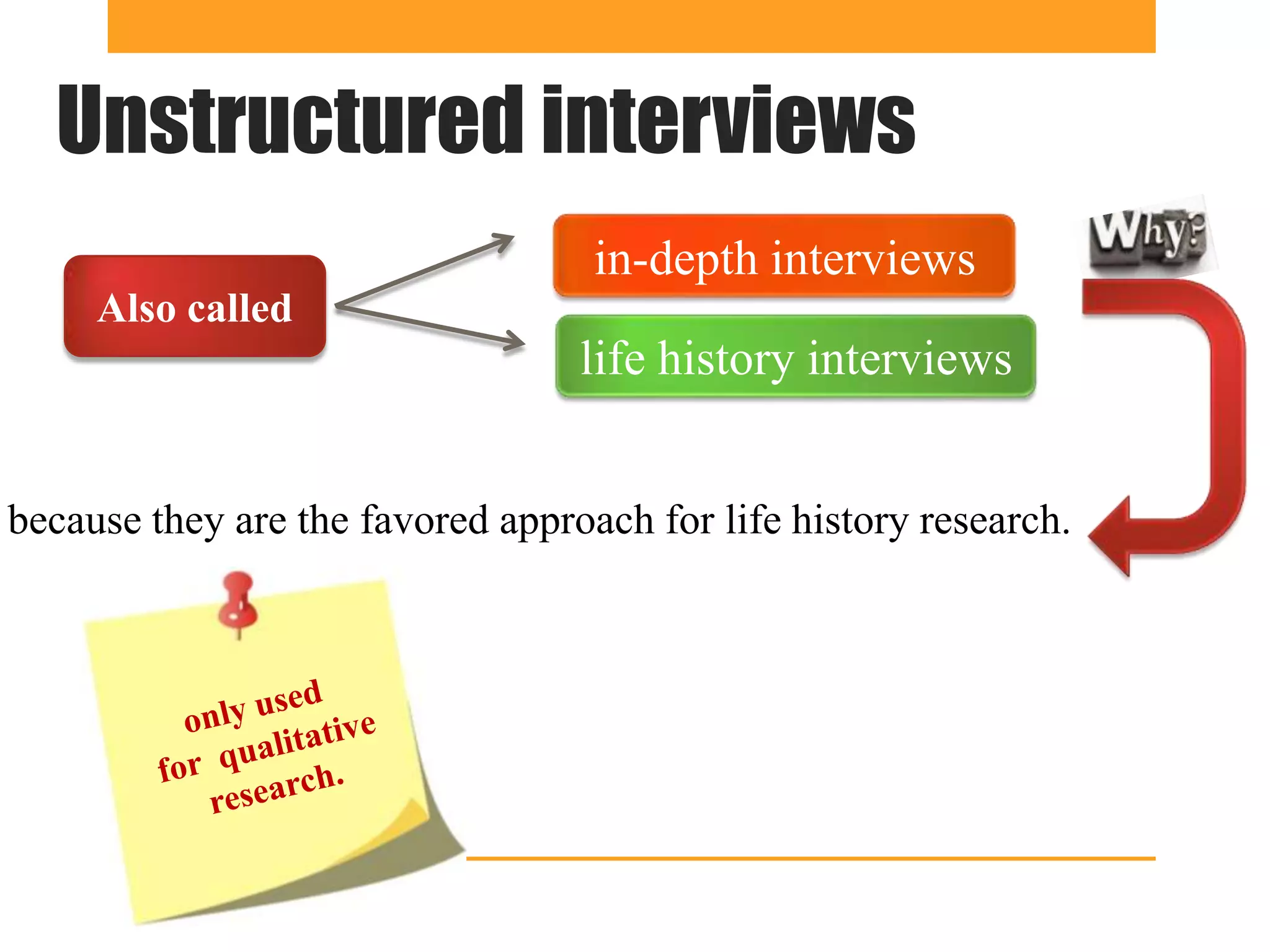 Unstructured interviews
                                   in-depth interviews
     Also called
                                  life history interviews


because they are the favored approach for life history research.
 