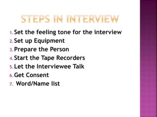 1.Set the feeling tone for the interview 
2.Set up Equipment 
3.Prepare the Person 
4.Start the Tape Recorders 
5.Let the Interviewee Talk 
6.Get Consent 
7. Word/Name list 
 