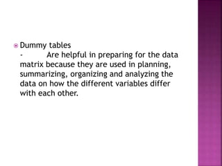  Dummy tables 
- Are helpful in preparing for the data 
matrix because they are used in planning, 
summarizing, organizing and analyzing the 
data on how the different variables differ 
with each other. 
 