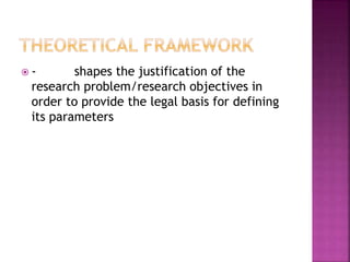  - shapes the justification of the 
research problem/research objectives in 
order to provide the legal basis for defining 
its parameters 
 