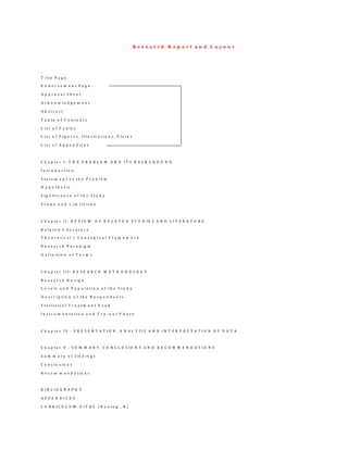R e s e a r c h R e p o r t a n d L a y o u t
T i t l e P a g e
E n d o r s e m e n t P a g e
A p p r o v a l S h e e t
A c k n o w l e d g e m e n t
A b s t r a c t
T a b l e o f C o n t e n t s
L i s t o f T a b l e s
L i s t o f F i g u r e s , I l l u s tr a t i o n s , P l a t e s
L i s t o f A p p e n d i c e s
C h a p t e r I : T H E P R O B L E M A N D I T S B A C K G R O U N D
I n t r o d u c t i o n
S t a t e m e n t o f t h e P r o b l e m
H y p o t h e s i s
S i g n i f i c a n c e o f t h e S t u d y
S c o p e a n d L i m i t a t i o n
C h a p t e r I I : R E V I E W O F R E L A T E D S T U D I E S A N D L I T E R A T U R E
R e l a t e d L i t e r a t u r e
T h e o r e t i c a l / C o n c e p t u a l F r a m e w o r k
R e s e a r c h P a r a d i g m
D e f i n i t i o n o f T e r m s
C h a p t e r I I I : R E S E A R C H M E T H O D O L O G Y
R e s e a r c h D e s i g n
L o c a l e a n d P o p u l a t i o n o f t h e S t u d y
D e s c r i p t i o n o f t h e R e s p o n d e n t s
S t a t i s t i c a l T r e a t m e n t U s e d
I n s t r u m e n t a t i o n a n d T r y - o u t P h a s e
C h a p t e r I V : P R E S E N T A T I O N , A N A L Y S I S A N D I N T E R P R E T A T I O N O F D A T A
C h a p t e r V : S U M M A R Y , C O N C L U S I O N S A N D R E C O M M E N D A T I O N S
S u m m a r y o f f i n d i n g s
C o n c l u s i o n s
R e c o m m e n d a t i o n s
B I B L I O G R A P H Y
A P P E N D I C E S
C U R R I C U L U M V I T A E ( B o u i n g , R )
 