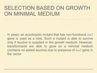 SELECTION BASED ON GROWTH
ON MINIMAL MEDIUM
In yeast, an auxotrophic mutant that has non-functional leu2
gene is used as a host. Such a mutant is able to survive
only if leucine is supplied in the growth medium. However,
transformants are able to grow on a minimal medium
(contains no added leucine) due to presence of leu2 gene in
the vector
 