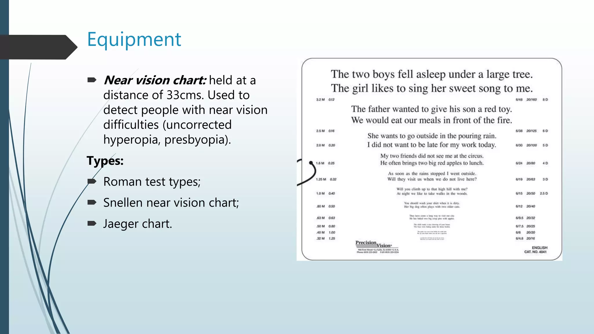 Equipment
 Near vision chart: held at a
distance of 33cms. Used to
detect people with near vision
difficulties (uncorrected
hyperopia, presbyopia).
Types:
 Roman test types;
 Snellen near vision chart;
 Jaeger chart.
 