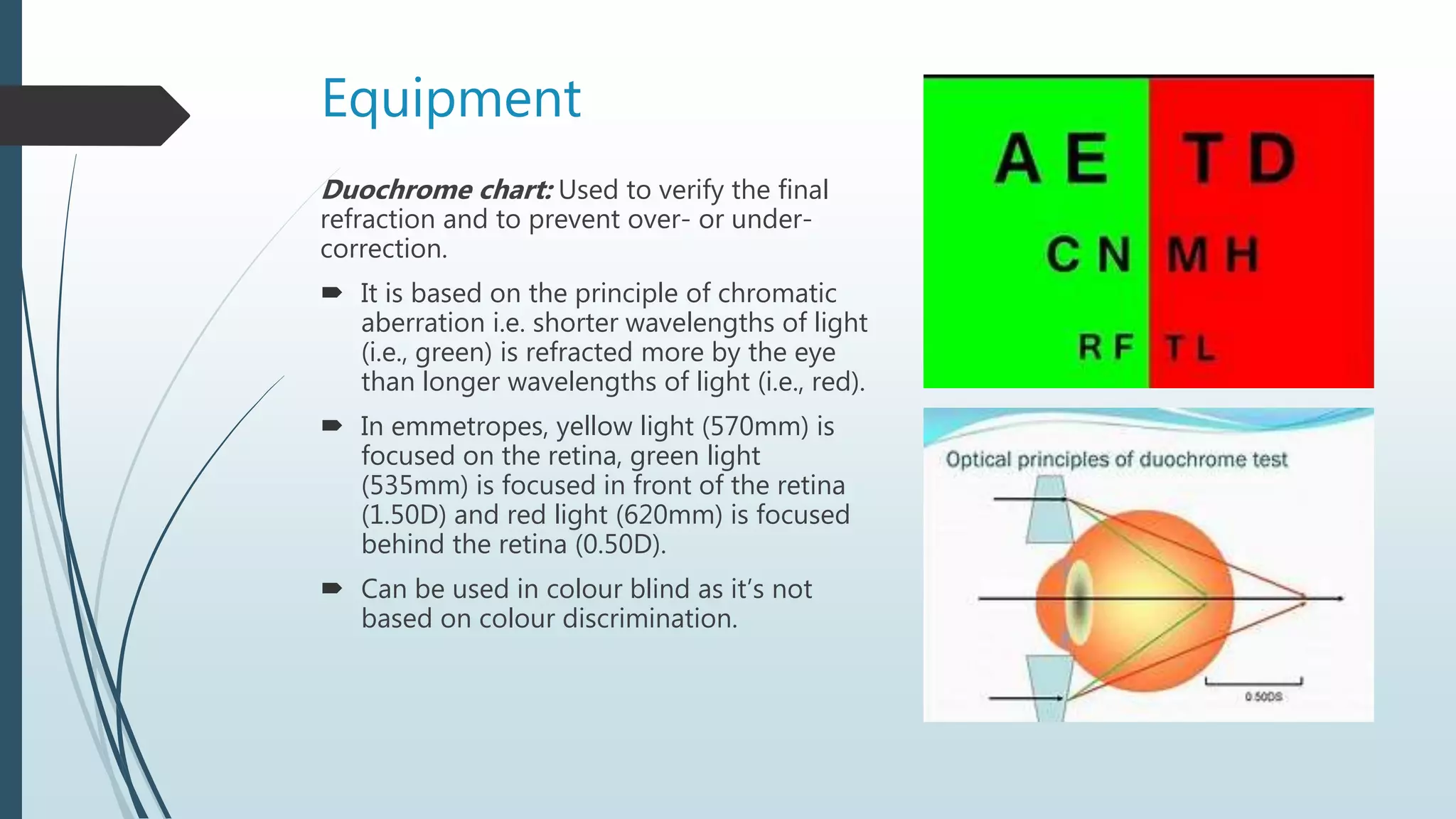 Equipment
Duochrome chart: Used to verify the final
refraction and to prevent over- or under-
correction.
 It is based on the principle of chromatic
aberration i.e. shorter wavelengths of light
(i.e., green) is refracted more by the eye
than longer wavelengths of light (i.e., red).
 In emmetropes, yellow light (570mm) is
focused on the retina, green light
(535mm) is focused in front of the retina
(1.50D) and red light (620mm) is focused
behind the retina (0.50D).
 Can be used in colour blind as it’s not
based on colour discrimination.
 