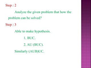 Step : 2
Analyze the given problem that how the
problem can be solved?
Step : 3
Able to make hypothesis.
1. BUC.
2. AU (BUC).
Similarly (AUB)UC.
 