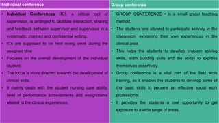 Individual conference Group conference
• Individual Conferences (IC), a critical tool of
supervision, is arranged to facilitate interaction, sharing
and feedback between supervisor and supervisee in a
systematic, planned and confidential setting.
• ICs are supposed to be held every week during the
assigned time
• Focuses on the overall development of the individual
student.
• The focus is more directed towards the development of
clinical skills.
• It mainly deals with the student nursing care ability,
level of performance achievements and assignments
related to the clinical experiences.
• GROUP CONFERENCE • Is a small group teaching
method.
• The students are allowed to participate actively in the
discussion, explaining their own experiences in the
clinical area.
• This helps the students to develop problem solving
skills, team building skills and the ability to express
themselves assertively.
• Group conference is a vital part of the field work
training, as it enables the students to develop some of
the basic skills to become an effective social work
professional.
• It provides the students a rare opportunity to get
exposure to a wide range of areas.
 