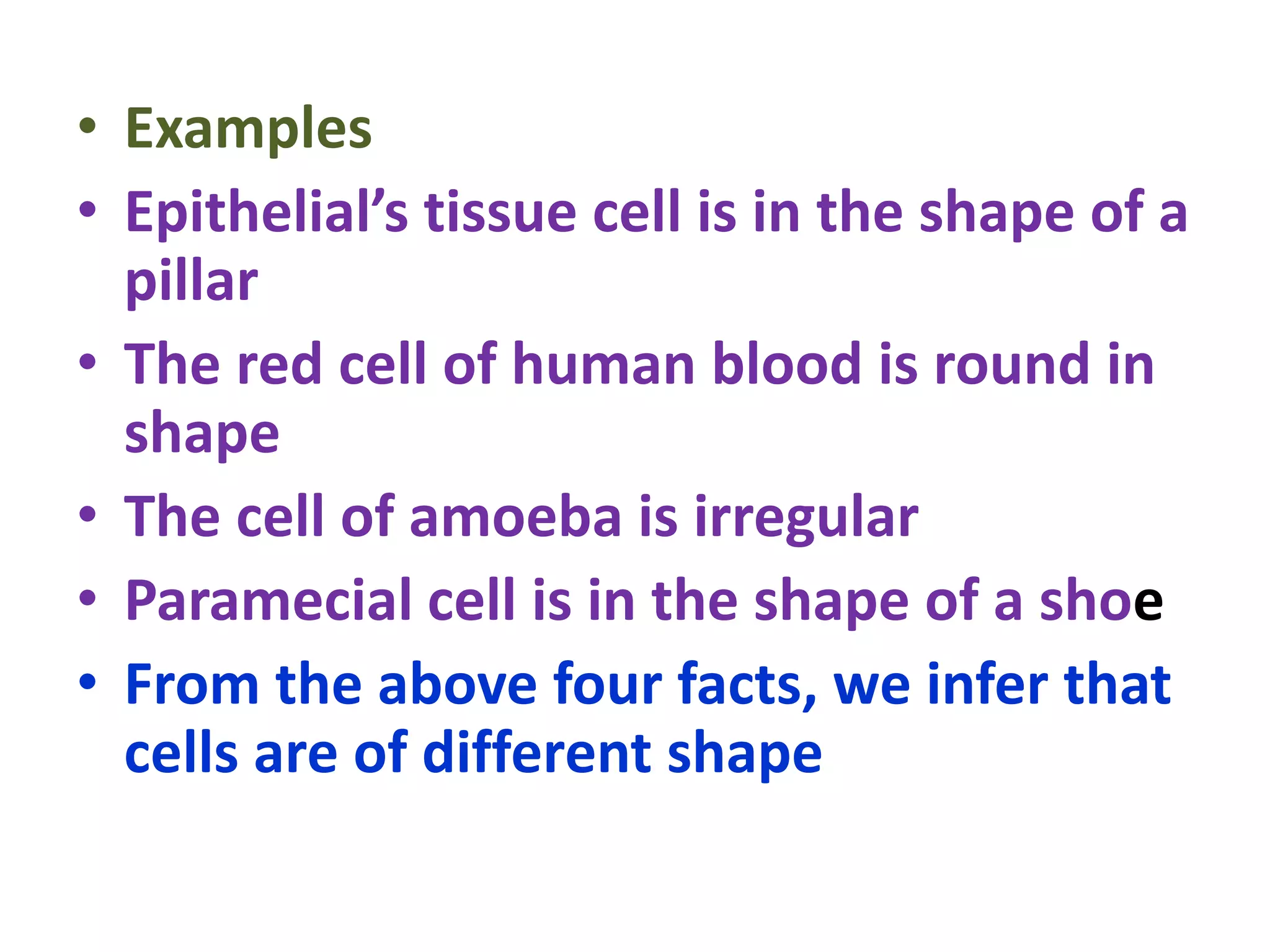 • Examples
• Epithelial’s tissue cell is in the shape of a
pillar
• The red cell of human blood is round in
shape
• The cell of amoeba is irregular
• Paramecial cell is in the shape of a shoe
• From the above four facts, we infer that
cells are of different shape
 