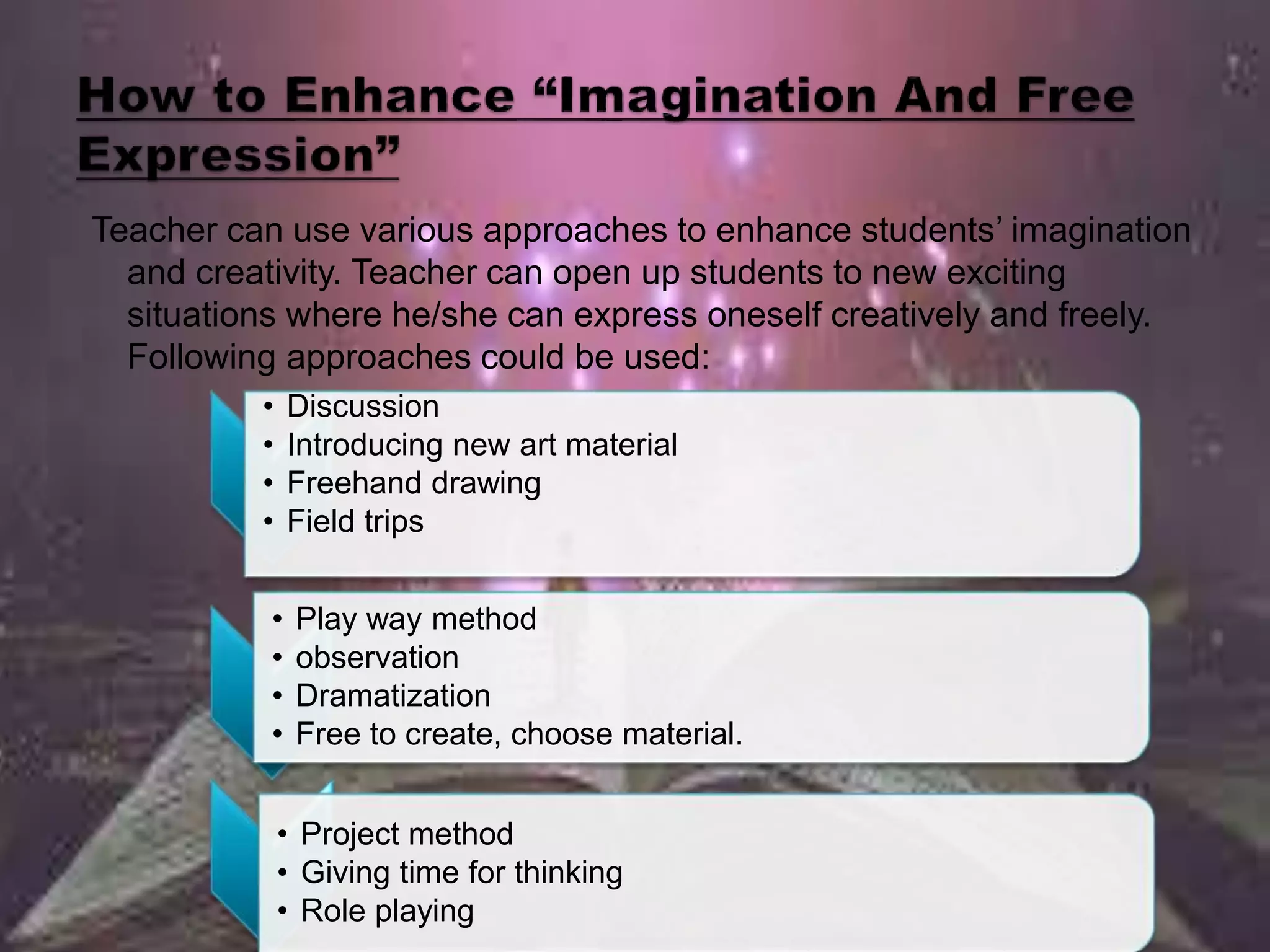 Teacher can use various approaches to enhance students’ imagination
and creativity. Teacher can open up students to new exciting
situations where he/she can express oneself creatively and freely.
Following approaches could be used:
• Discussion
• Introducing new art material
• Freehand drawing
• Field trips
• Play way method
• observation
• Dramatization
• Free to create, choose material.
• Project method
• Giving time for thinking
• Role playing
 