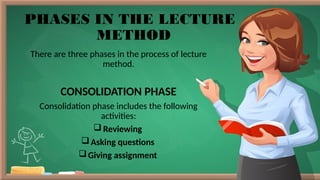 PHASES IN THE LECTURE
METHOD
There are three phases in the process of lecture
method.
CONSOLIDATION PHASE
Consolidation phase includes the following
activities:
 Reviewing
Asking questions
Giving assignment
 