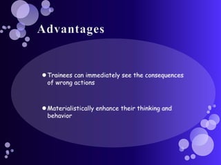 Films/Video PresentationsContent for the training experience comes primarily from a videotape or computer-based program.Interest of the audience can be maintained by showing them audio visualsEasy to handle and explainProvides a lot of content to talk about