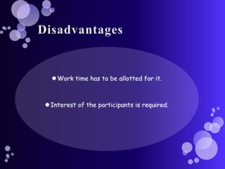 Advantages & DisadvantagesAdvantages –Easy to train and the trainer can follow up  with questions and discussionsAssured to provide same information to all the traineesDisadvantages–Expensive to developSuch type of training has to be outsourced which may make the training less content specific.