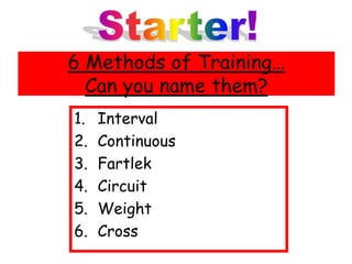 6 Methods of Training…
  Can you name them?
1.   Interval
2.   Continuous
3.   Fartlek
4.   Circuit
5.   Weight
6.   Cross
 