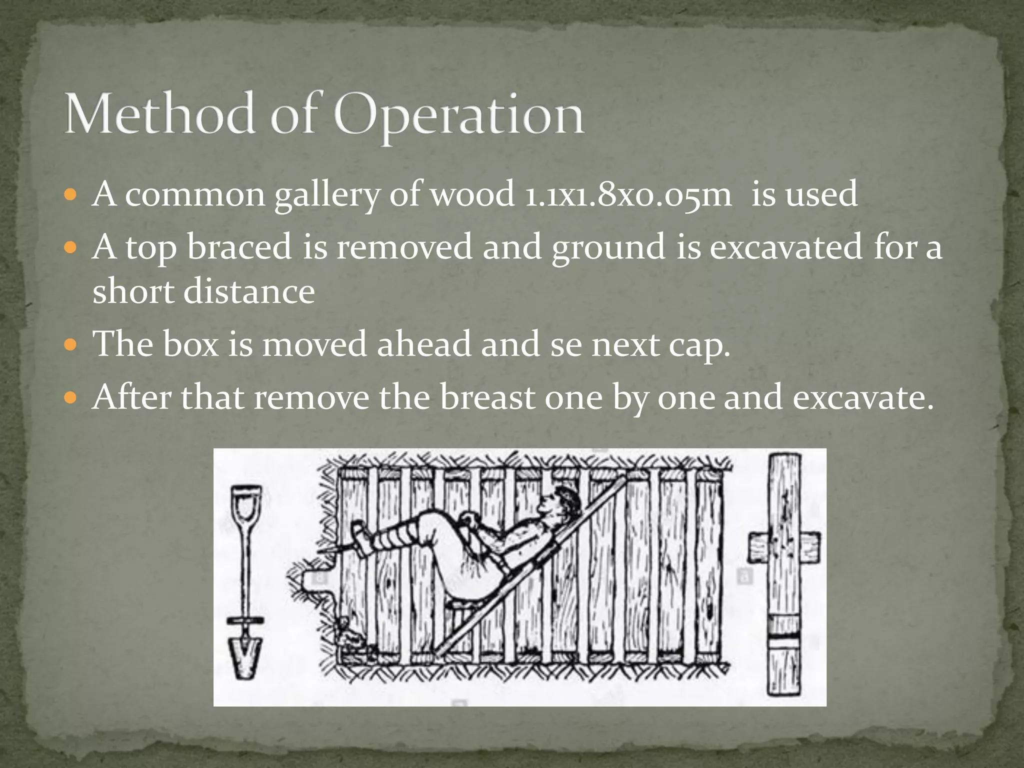  A common gallery of wood 1.1x1.8x0.05m is used
 A top braced is removed and ground is excavated for a
short distance
 The box is moved ahead and se next cap.
 After that remove the breast one by one and excavate.
 