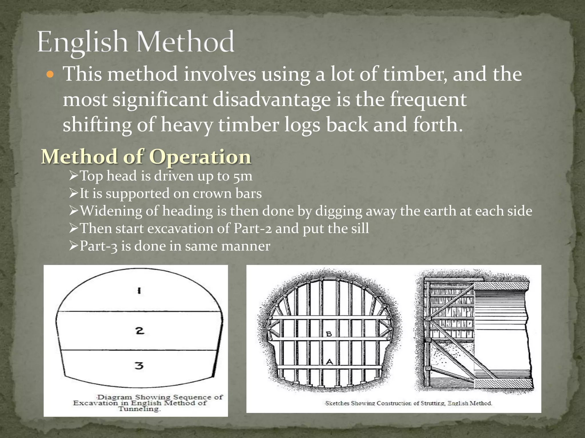  This method involves using a lot of timber, and the
most significant disadvantage is the frequent
shifting of heavy timber logs back and forth.
Method of Operation
Top head is driven up to 5m
It is supported on crown bars
Widening of heading is then done by digging away the earth at each side
Then start excavation of Part-2 and put the sill
Part-3 is done in same manner
 