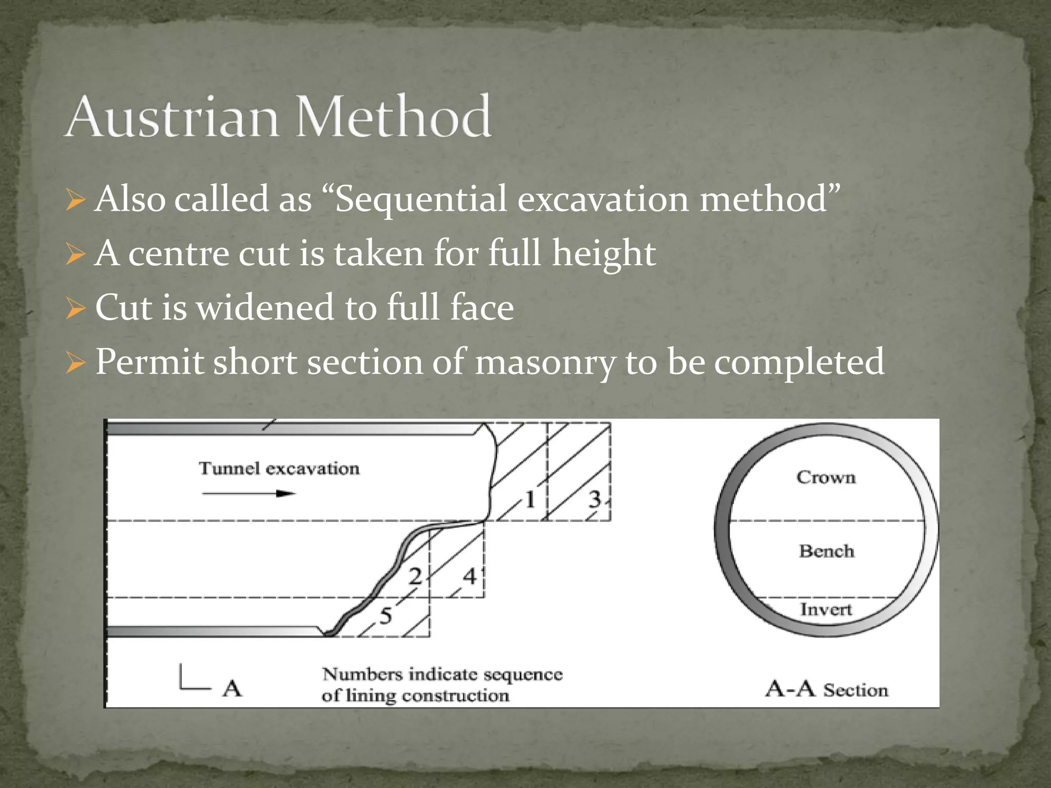  Also called as “Sequential excavation method”
 A centre cut is taken for full height
 Cut is widened to full face
 Permit short section of masonry to be completed
 