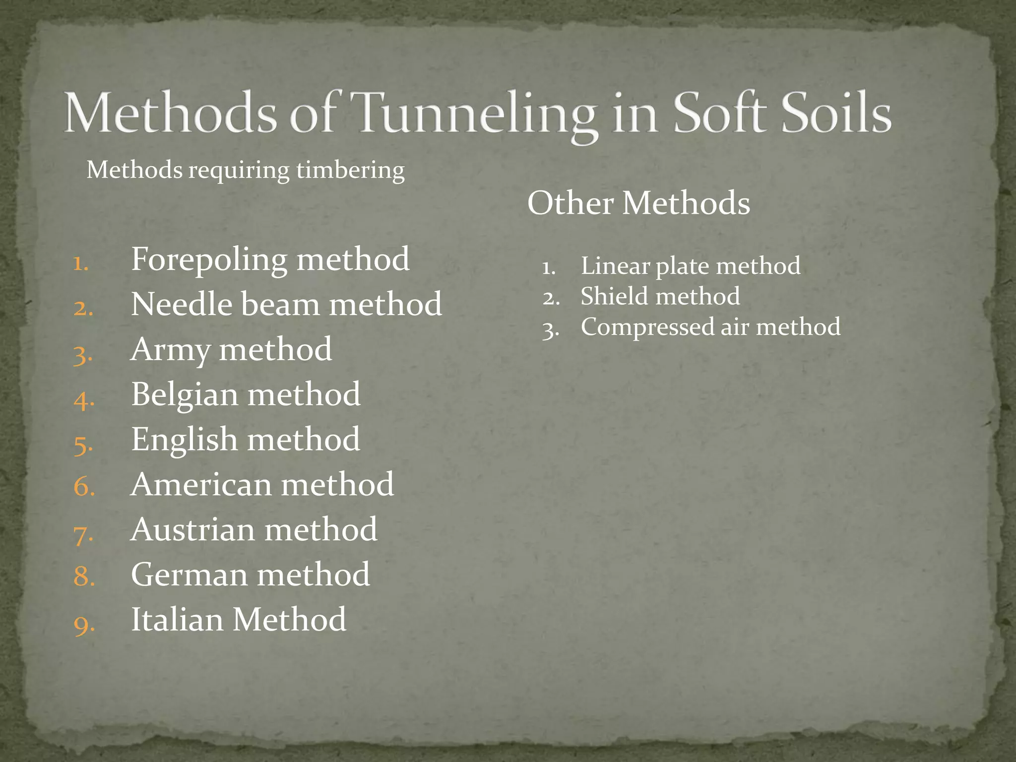 1. Forepoling method
2. Needle beam method
3. Army method
4. Belgian method
5. English method
6. American method
7. Austrian method
8. German method
9. Italian Method
Other Methods
1. Linear plate method
2. Shield method
3. Compressed air method
Methods requiring timbering
 