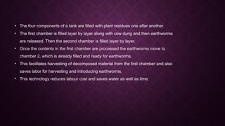 • The four components of a tank are filled with plant residues one after another.
• The first chamber is filled layer by layer along with cow dung and then earthworms
are released. Then the second chamber is filled layer by layer.
• Once the contents in the first chamber are processed the earthworms move to
chamber 2, which is already filled and ready for earthworms.
• This facilitates harvesting of decomposed material from the first chamber and also
saves labor for harvesting and introducing earthworms.
• This technology reduces labour cost and saves water as well as time.
 