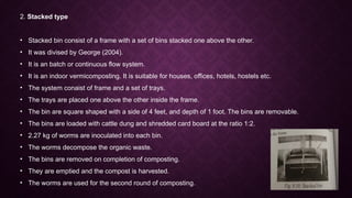 2. Stacked type
• Stacked bin consist of a frame with a set of bins stacked one above the other.
• It was divised by George (2004).
• It is an batch or continuous flow system.
• It is an indoor vermicomposting. It is suitable for houses, offices, hotels, hostels etc.
• The system conaist of frame and a set of trays.
• The trays are placed one above the other inside the frame.
• The bin are square shaped with a side of 4 feet, and depth of 1 foot. The bins are removable.
• The bins are loaded with cattle dung and shredded card board at the ratio 1:2.
• 2.27 kg of worms are inoculated into each bin.
• The worms decompose the organic waste.
• The bins are removed on completion of composting.
• They are emptied and the compost is harvested.
• The worms are used for the second round of composting.
 