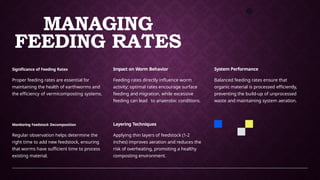 MANAGING
FEEDING RATES
Proper feeding rates are essential for
maintaining the health of earthworms and
the efficiency of vermicomposting systems.
Feeding rates directly influence worm
activity; optimal rates encourage surface
feeding and migration, while excessive
feeding can lead to anaerobic conditions.
Regular observation helps determine the
right time to add new feedstock, ensuring
that worms have sufficient time to process
existing material.
Significance of Feeding Rates Impact on Worm Behavior
Monitoring Feedstock Decomposition
Applying thin layers of feedstock (1-2
inches) improves aeration and reduces the
risk of overheating, promoting a healthy
composting environment.
Layering Techniques
Balanced feeding rates ensure that
organic material is processed efficiently,
preventing the build-up of unprocessed
waste and maintaining system aeration.
System Performance
 