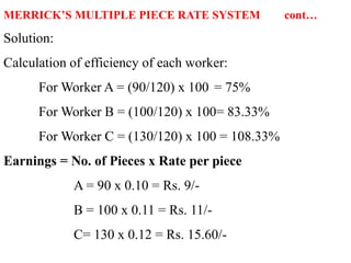 MERRICK’S MULTIPLE PIECE RATE SYSTEM cont…
Solution:
Calculation of efficiency of each worker:
For Worker A = (90/120) x 100 = 75%
For Worker B = (100/120) x 100= 83.33%
For Worker C = (130/120) x 100 = 108.33%
Earnings = No. of Pieces x Rate per piece
A = 90 x 0.10 = Rs. 9/-
B = 100 x 0.11 = Rs. 11/-
C= 130 x 0.12 = Rs. 15.60/-
 