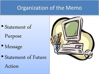 Organization of the Memo
•Statement of
Purpose
•Message
•Statement of Future
Action
 