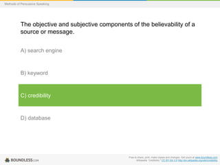 Methods of Persuasive Speaking

The objective and subjective components of the believability of a
source or message.
A) search engine

B) keyword

C) credibility

D) database

Free to share, print, make copies and changes. Get yours at www.boundless.com
Wikipedia. "credibility." CC BY-SA 3.0 http://en.wikipedia.org/wiki/credibility

 